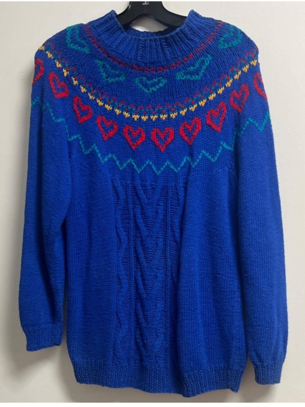 Karen Scott Hand Knit Cotton Blend Blue Red Heart Fair Isle Sweater Medium VTG